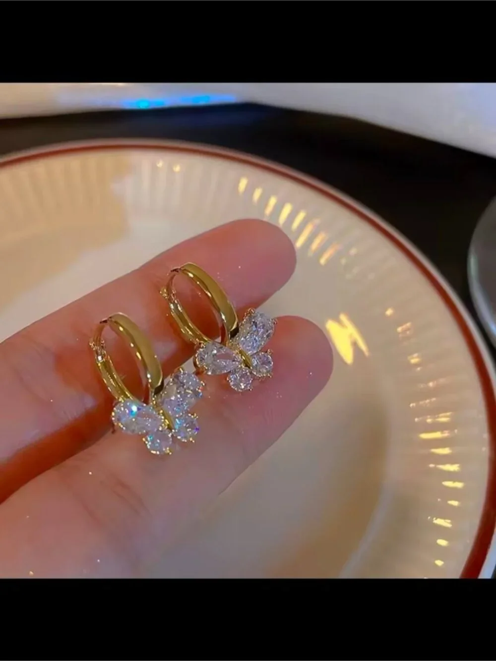 Gold Butterfly Hoop Earrings with Clear Crystals